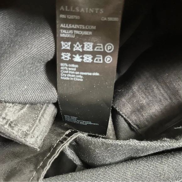 ALLSAINTS MENS TALLIS WOOL PANTS CHARCOAL BLACK CROPPED PLEATED POCKETS 32